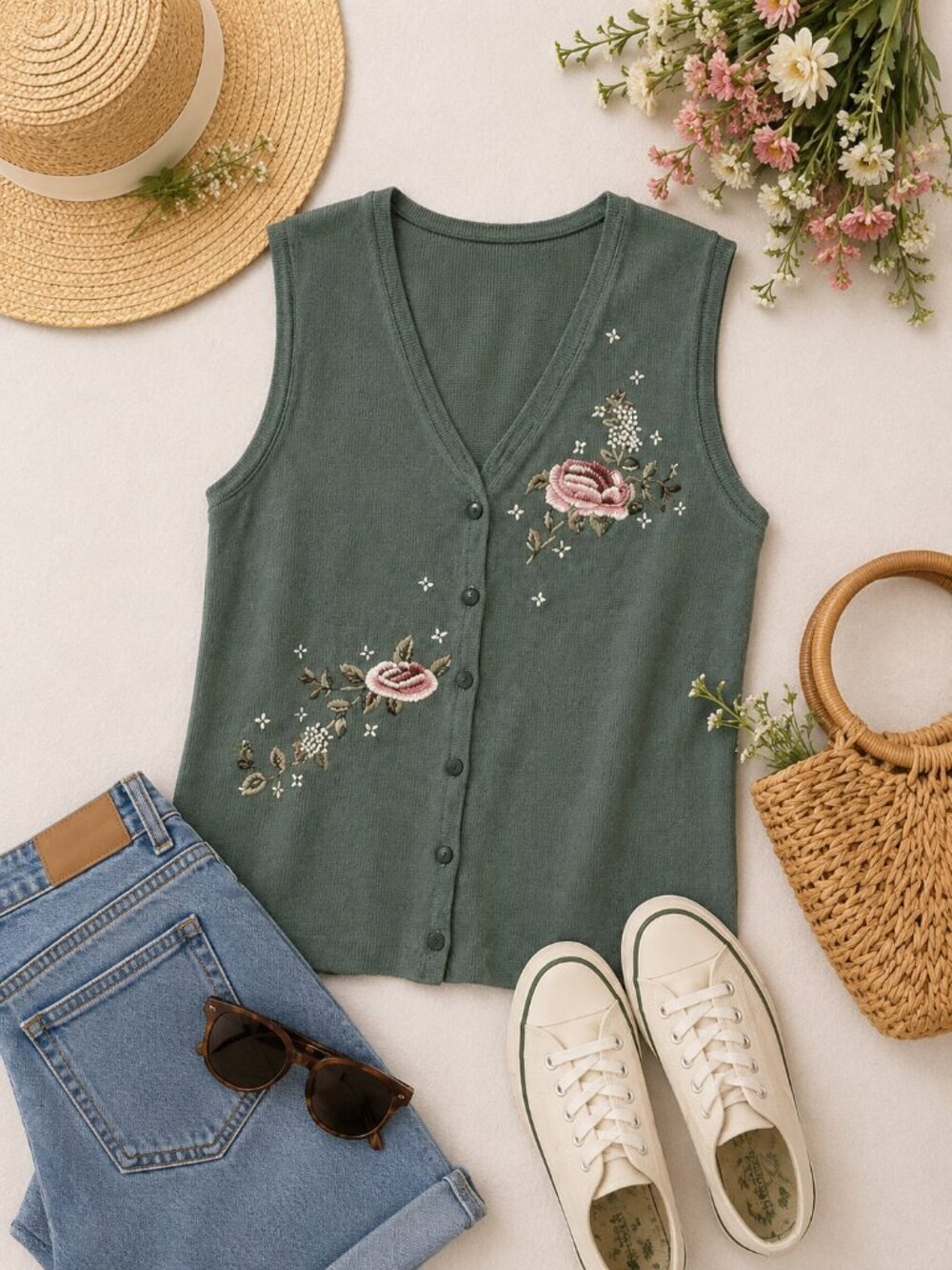 Koret Floral Embroidered Sweater Vest L Wool Blend NWT